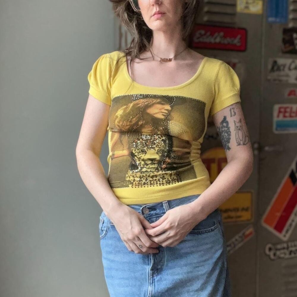 Vintage Y2K Rhinestone Baby Tee | Yellow Knit Cutout Back Puff Sleeve | XS - Picture 2 of 9